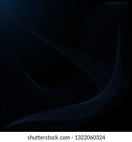 Particles sound wave flowing over dark background. Lights abstract backdrop. Beautiful wave shaped array of glowing dots. Vector illustration.