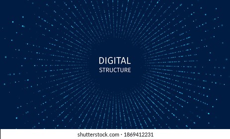 Particles Structure Backdrop For Research Article. HUD Elements. Blockchain, Artificial Intelligence, Big Data Technology. Data Base, Hybrid Energy And Binary Code. Vector Illustration