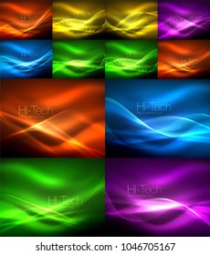 Particles waves, big data, collection of abstract glowing neon wavy lines in darkness. Vector illustration