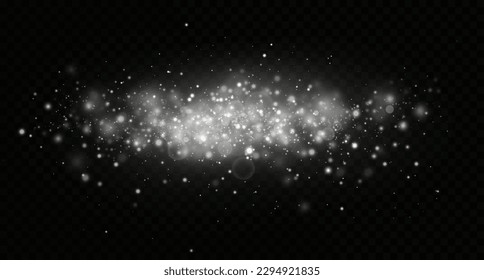 Particles of white magic dust. Shining light particles.Christmas glitter particles. Light effect on a transparent background