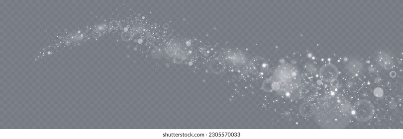 Particles of white magic dust. Shining light particles.Christmas glitter particles. Light effect on a transparent background