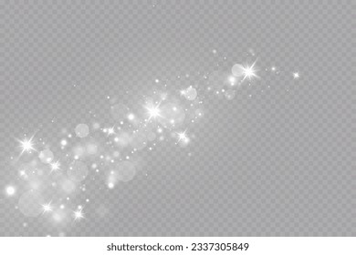 Particles of white magic dust. Shining light particles.Christmas glitter particles. Light effect on a transparent background