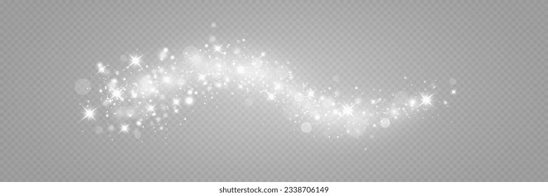 Particles of white magic dust. Shining light particles.Christmas glitter particles. Light effect on a transparent background