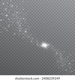 Particles of white magic dust. Shining light particles.Christmas glitter particles. Light effect on a transparent background	