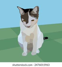 A parti-colored cat is sitting on the grass with blue sky