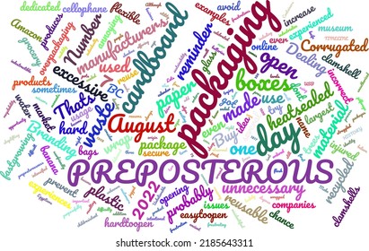 Particularly Preposterous Packaging Day 7 August 2022 Word Cloud In Vector Art Creative Colourful White Back Ground