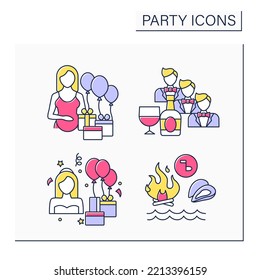 Parties Color Icons Set. Baby Shower, Bachelor Party, Bridal Shower And Clambake. Celebration Of Special Occasions. Celebrating Concept. Isolated Vector Illustration