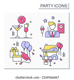 Parties color icons set. Cocktail and graduation parties, housewarming. Entertainer. Celebration of special occasions. Celebrating concept. Isolated vector illustration