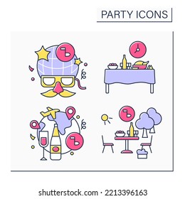 Parties color icons set. Fancy dress and farewell party, dinner and garden festivals, Celebration of special occasions. Celebrating concept. Isolated vector illustration