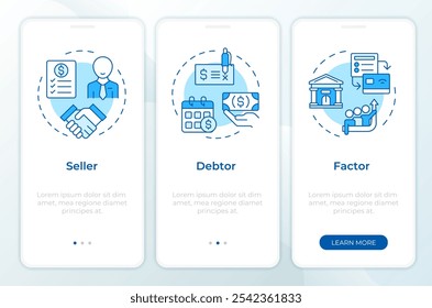 Partes en el proceso de factoring azul incorporando la pantalla del App móvil. Instrucciones gráficas editables de 3 pasos con conceptos lineales. PLANTILLA UI, UX, GUI