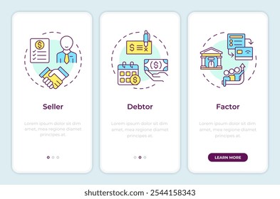 Partes en el proceso de factoring incorporando la pantalla del App móvil. Instrucciones gráficas editables de 3 pasos con conceptos lineales. PLANTILLA UI, UX, GUI