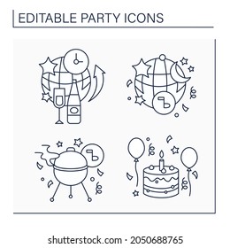 Parties line icons set. All-night, after party, barbecue and birthday celebration. Celebration of special occasions. Celebrating concept. Isolated vector illustration. Editable stroke