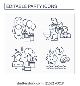 Parties line icons set. Baby shower, bachelor party, bridal shower and clambake. Celebration of special occasions. Celebrating concept. Isolated vector illustration. Editable stroke
