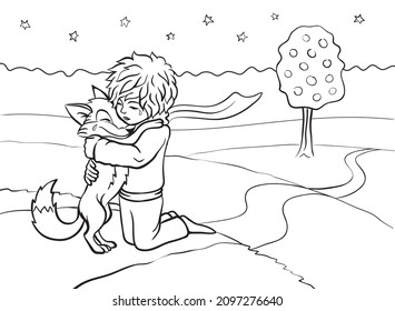 Parting of the little prince and the fox. Сoloring book.