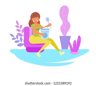 Parting. Lonely woman eating ice cream Vector. Cartoon. Isolated art on white background. Flat