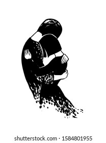 Parting. lovers hug for the last time. Vector black and white illustration