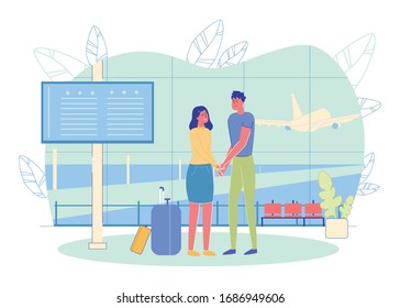 Parting Scene in Airport with Young Man and Woman Cartoon Characters Saying Goodbye. Air Terminal Departure Hall Interior Background with View on Taking off Airplane. Flat Vector Illustration.