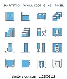 Partition icon. Also called room divider, wall panel, sanitary, portable and cubicle partition.  Used for separate or divide interior space and room i.e. office, toilet, bathroom and exhibition.