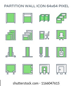 Partition icon. Also called room divider, wall panel, sanitary, portable and cubicle partition.  Used for separate or divide interior space and room i.e. office, toilet, bathroom and exhibition.editab