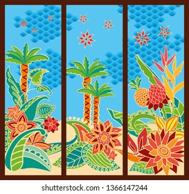 Partitions with colored inserts Thai ornaments, flowers, jungle. Vector graphics