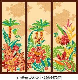 Partitions with colored inserts. Traditional ornament, jungle, flowers, desert. Vector graphics