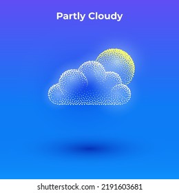 Partly Cloudy 3d icon with transparent effect. Halftone weather simple icon with minimalistic sun and cloud shape.  Dots textured sun and clouds illustration.