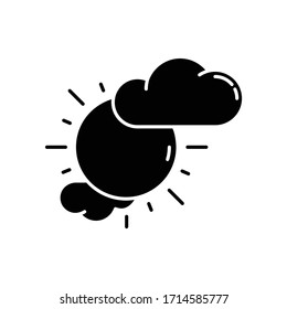 Partly cloudy black glyph icon. Daytime weather forecast, meteorological prediction silhouette symbol on white space. Moody sky, partly sunny. Shiny sun with clouds vector isolated illustration