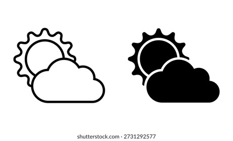 Teilweise bewölkter Tag Symbol-Set. Eine einfache Ikone, die einen teilweise sonnigen Tag darstellt. Die Sonne ist teilweise von einer Wolke verdeckt, was auf eine Mischung aus Sonne und Wolken hinweist.