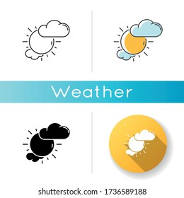 Partly cloudy icon. Linear black and RGB color styles. Daytime weather forecast, meteorological prediction. Moody sky, partly sunny. Shiny sun with clouds isolated vector illustrations
