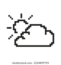 Partly Cloudy Icon In Pixel Art. Pixelated Cloud and Sun Symbol for Weather Forecast. Isolated Vector Illustration.