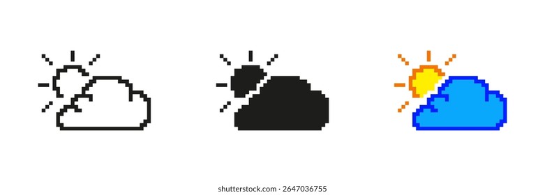 Partly Cloudy Icon Set In Pixel Art. Pixelated Cloud and Sun Symbol for Weather Forecast. Isolated Vector Illustration.