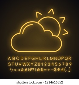Partly cloudy neon light icon. Cloudy weather. Sun with clouds. Weather forecast. Glowing sign with alphabet, numbers and symbols. Vector isolated illustration