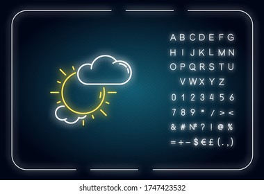 Partly cloudy neon light icon. Outer glowing effect. Daytime weather forecast, meteorology sign with alphabet, numbers and symbols. Shiny sun with clouds vector isolated RGB color illustration