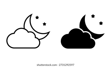 Partly Cloudy Night icon set. Minimalist illustration of a night sky scene featuring a cloud, crescent moon, and stars.