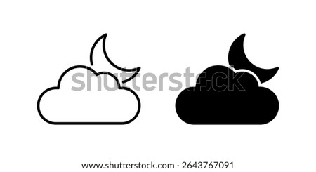 Partly Cloudy Night Icon Set. A black icon of partly cloudy night skies, representing evening weather.