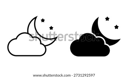 Partly Cloudy Night icon set. Minimalist illustration of a night sky scene featuring a cloud, crescent moon, and stars.