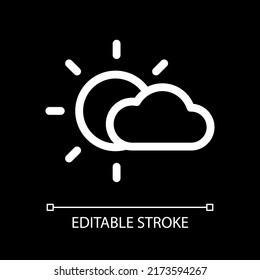 Partly cloudy white linear ui icon for dark theme. Weather prediction. Mostly sunny. Vector line pictogram. Isolated user interface symbol for night mode. Editable stroke. Arial font used