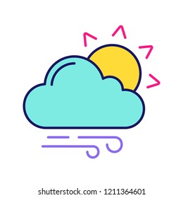 Partly cloudy and windy color icon. Sun with clouds and rain. Mostly cloudy. Weather forecast. Isolated vector illustration