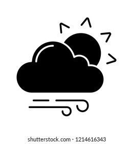 Partly cloudy and windy glyph icon. Sun with clouds and rain. Mostly cloudy. Weather forecast. Silhouette symbol. Negative space. Vector isolated illustration