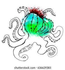 Partly Colored Octopus with blossom cactus head, cactopus. Line art vector watercolor illustration