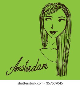 Partly hand drawn image of a young smiling woman with long hair isolated on green. Augmented with the name of city â?? Amsterdam. Magazine, book illustration. Woman production.