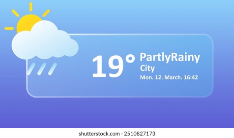 Parcialmente chuvoso 19 graus Celsius previsão do tempo, data, cidade. Nublado, relâmpago, trovoada, chuva forte, nublado, velocidade do vento, ar, precipitação, temperatura, Fahrenheit, UV sinótico. Glassmorfismo