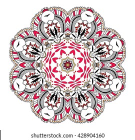 Partly uncolored mandala with red elements. Design for adult coloring book, coloring page.