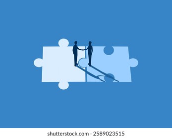 Partner, acquisition, agreement, cooperation, contract. Two businessmen standing holding hands on different colored puzzle pieces