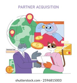 Partner acquisition focus in a dynamic business setting. Illustrates diverse characters engaged in transactions, emphasizing global connections and financial interactions. Highlights partnership