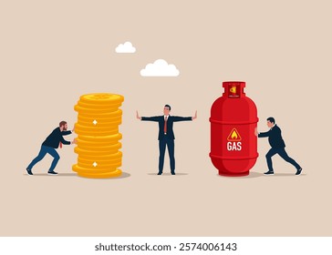 Partner against buying natural gas at an inflated price. Businessmen holding gas cylinder and coins. Sale of natural gas. Modern flat vector illustration.