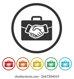 Icono de negocio de maletín de socios. Establecer íconos en Botones de círculo de color