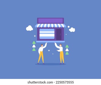 partner and business collaboration. work together to build and develop business. create a new venture. teamwork. Two businessmen work together to increase the income of the store. illustration concept