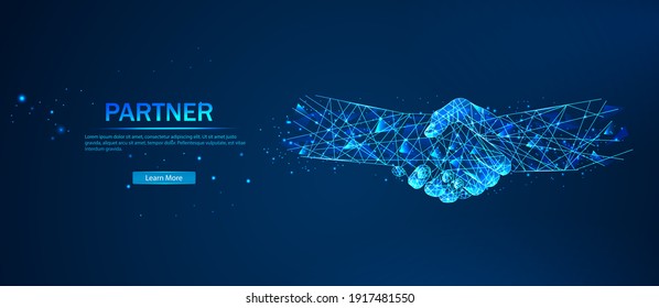 Partner. Business Success Concept. Polygonal Wireframe Composition. Technology And Innovation In Bussines. Abstract Illustration Isolated On A Blue. Abstract Handshake, Business Concept.