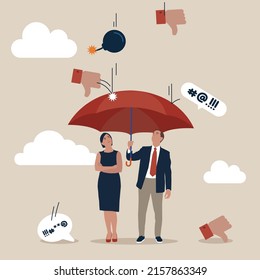 Partner and businessman hold strong umbrella protect from negative feedback. Handle business criticism, scold or negative feedback, manage boss blame, pressure, failure or mistake ashamed concept.